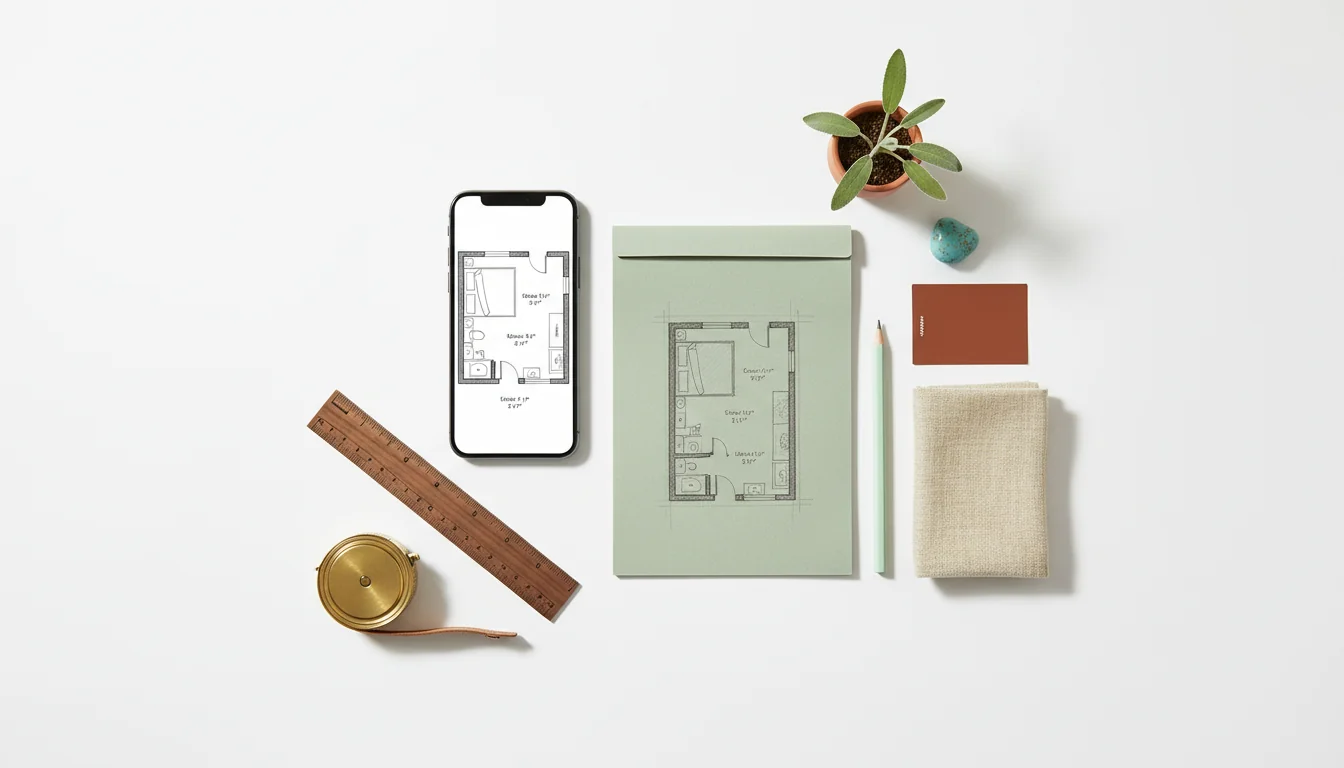 An editorial flat-lay on a pure white background — a smartphone showing a clean black-and-white AI-generated floor plan beside a hand-drawn pencil sketch of the same layout, walnut ruler, brass measuring tape, sage notebook, and a small terracotta clay pot with a single sage stem.