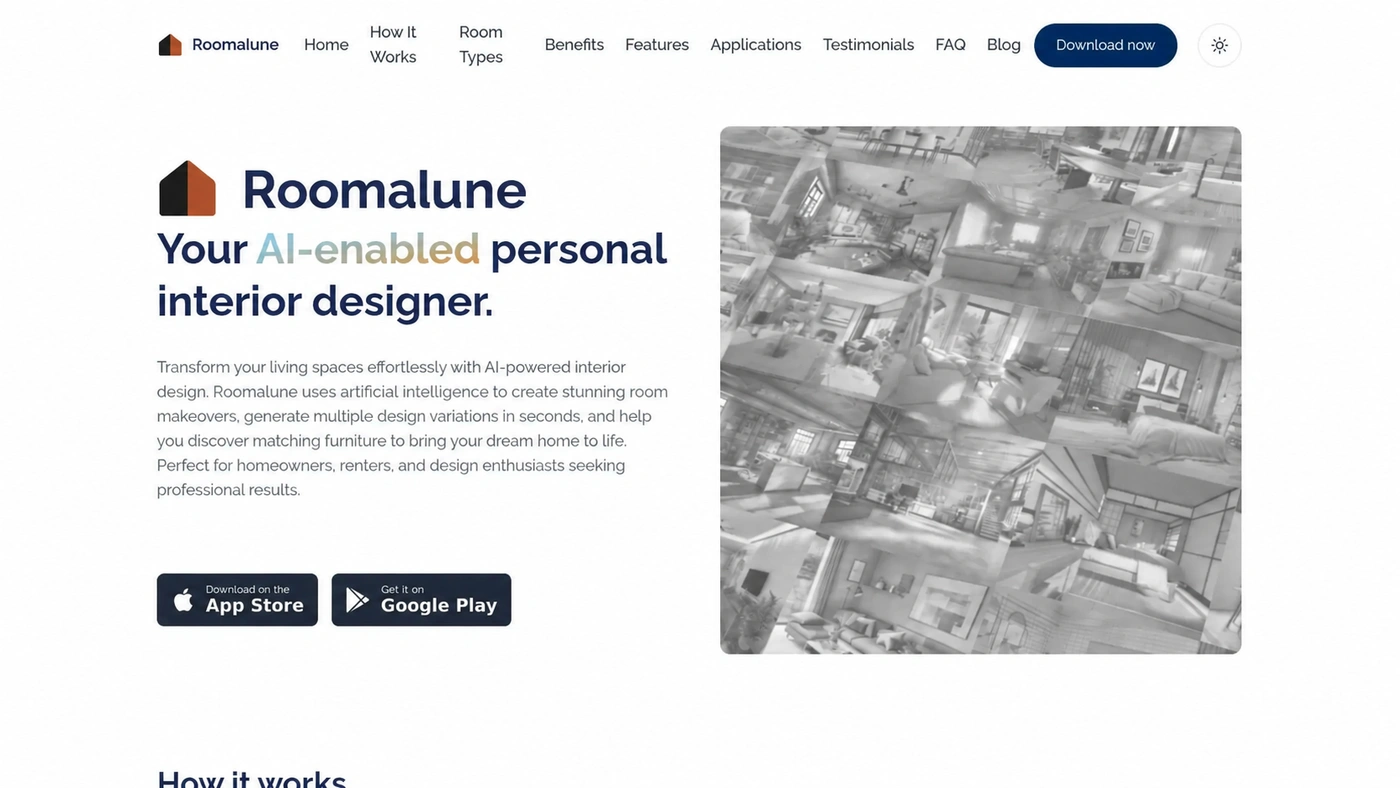 A split-screen view showing an original living room on the left and a stylish, AI-generated redesign by Roomalune on the right.