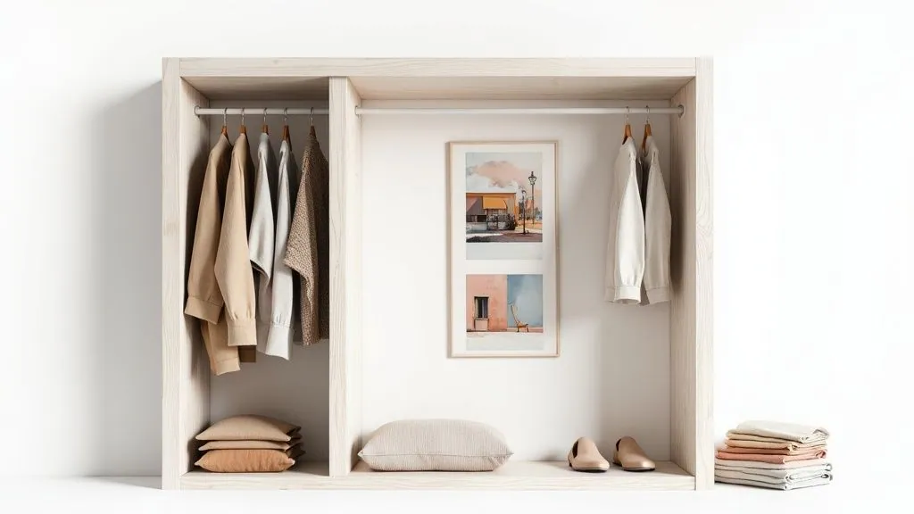 A woman's hands sorting through clothing with varied colors and textures in an open closet.
