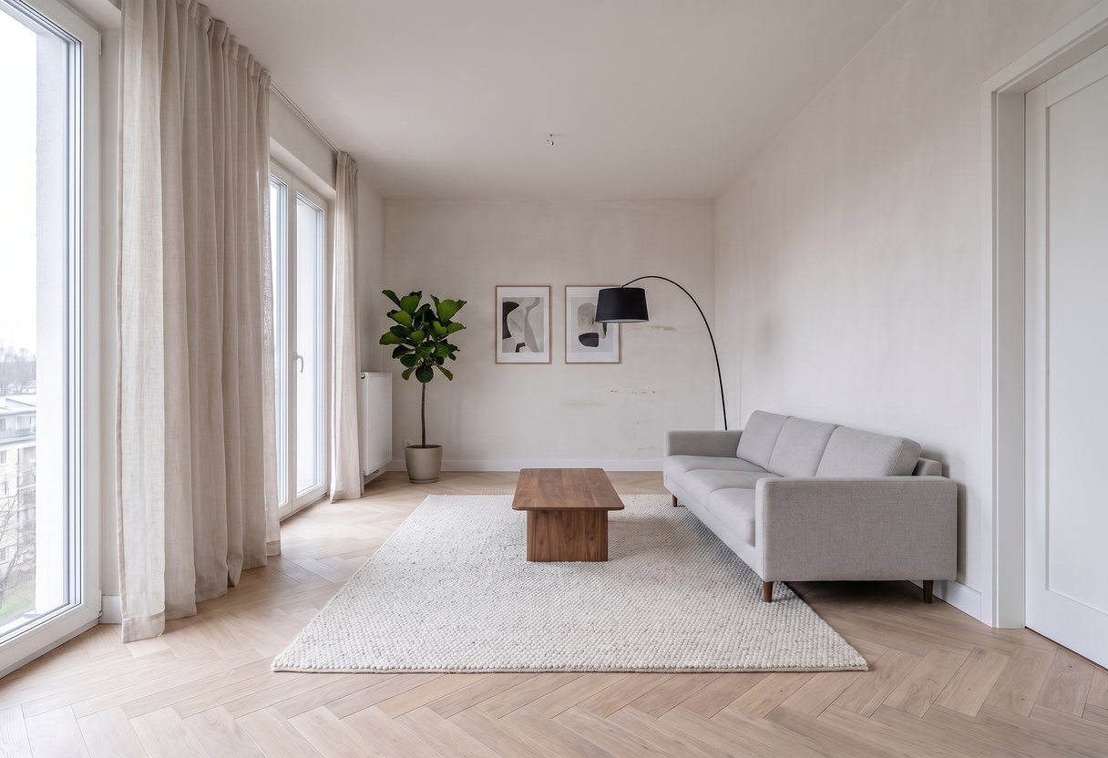 The same empty room virtually staged with furniture by Roomalune